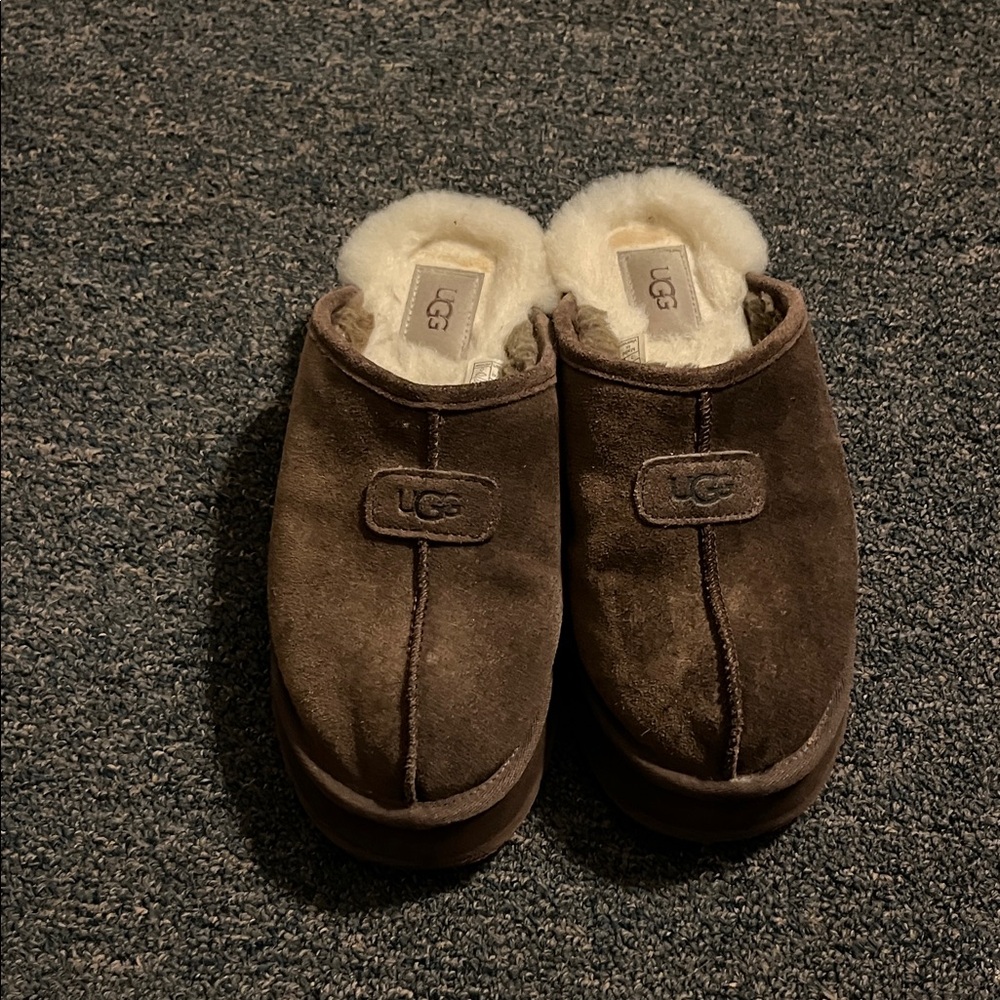 Ugg Chocolate Suede Shearling Platform Slippers - image 1
